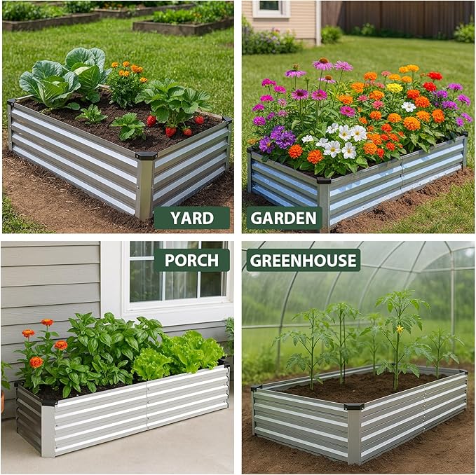 2 Pack 8x2x1FT Galvanized Metal Raised Garden Bed Kit for Vegetables, Herbs, Open-Bottom Large Capacity Outdoor Planter Box Gardening Stakes, Silver