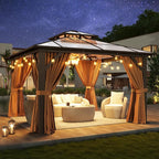 Aoxun 12'x12' Hardtop Gazebo, Aluminum Frame Permanent Pavilion with Curtains and Netting, Outdoor Polycarbonate Double Roof Canopy, Designed for Garden, Lawns, Patio, Brown