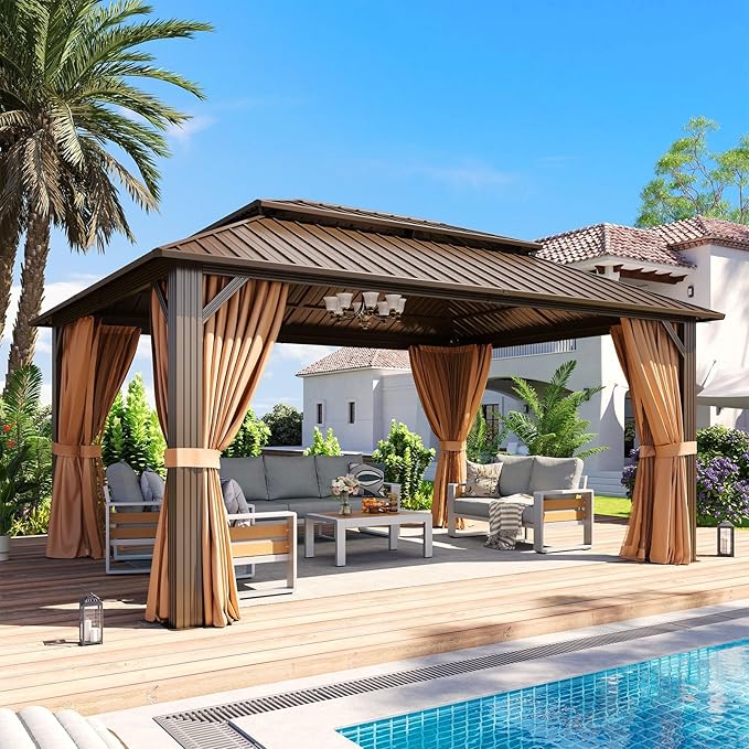 Aoxun 12x16FT Gazebo Outdoor Hardtop Pergolas with Mosquito Netting and Curtains Large Gazebo with Galvanized Steel Double Roof for Gardens, Decks, Patios, Parties (Brown)