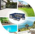 Tangkula 7 Pieces Patio Furniture Set, Outdoor Sectional Rattan Dining Sofa Set with Cushions, All Weather Wicker Conversation Couch Set with Dining Table & Ottomans for Yard Garden Poolside, Navy