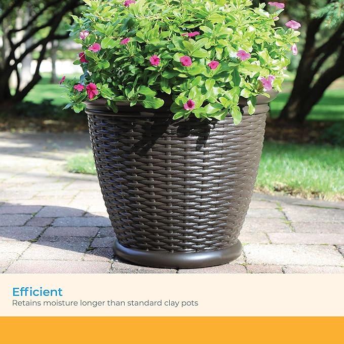 Suncast 3 Pack Wicker Planter w/Drillable Drain Holes, Decorative Indoor/Outdoor Pot, 18in, Java