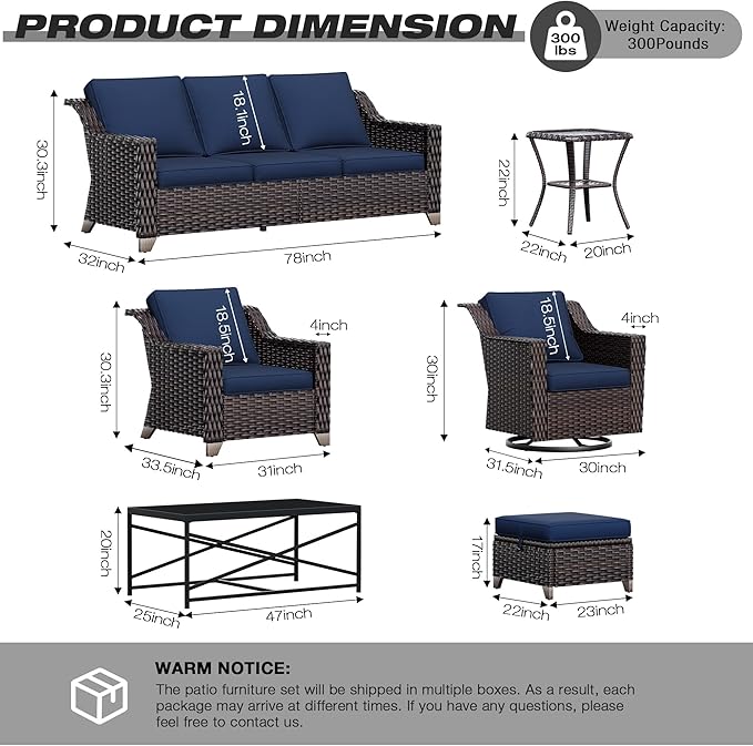 Joyside Wicker Patio Furniture Sets, 5 Pieces Upgraded Large Size Outdoor Furniture with Swivel Rocking Patio Chairs, Outdoor Ottoman and Side Table, Thick Cushions, Wide Armrest