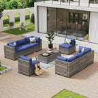 Aoxun 10 Piece Patio Furniture Set Wicker Rattan Patio Conversation Set Outdoor Sectional Sofa Set with Coffee Table and Thickened Cushions, Gray/Blue (Waterproof Cover Included)