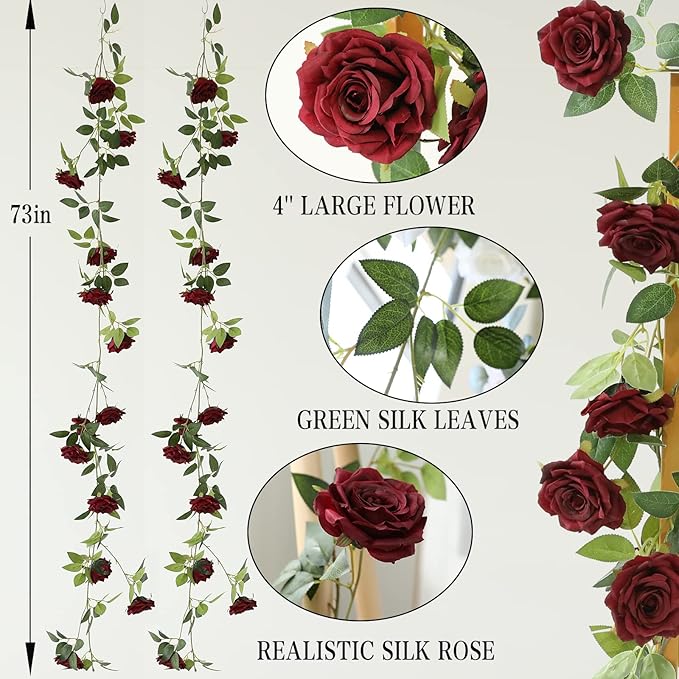 Artificial Plants Greenery: 2 Burgundy Silk Rose Vines, 73 Inches