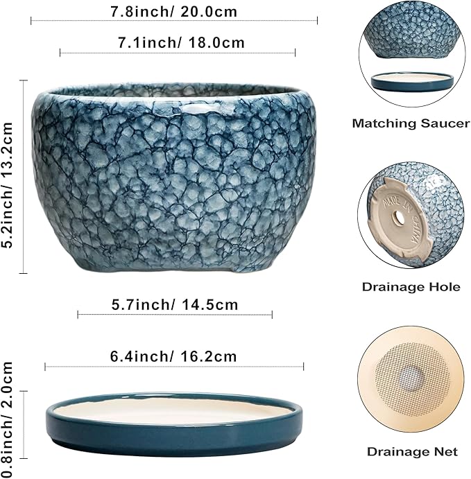 SQOWL 8 inch Plant Pot - Ceramic Pots for Plants Indoor, Decorative Plant Pot with Drainage Hole and Saucer, Ceramic Flower Pots Outdoor, Round Planter, Living Room Decor, Garden Gifts for Women, Blue