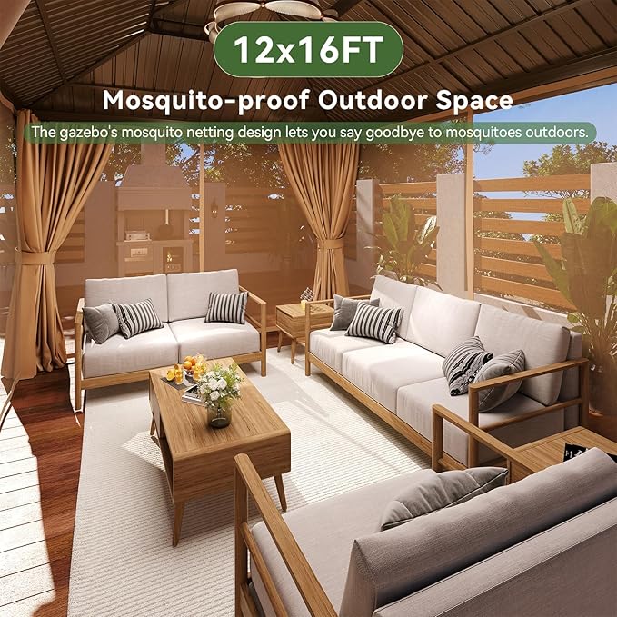 Aoxun 12x16FT Gazebo Outdoor Hardtop Pergolas with Mosquito Netting and Curtains Large Gazebo with Galvanized Steel Double Roof for Gardens, Decks, Patios, Parties (Brown)