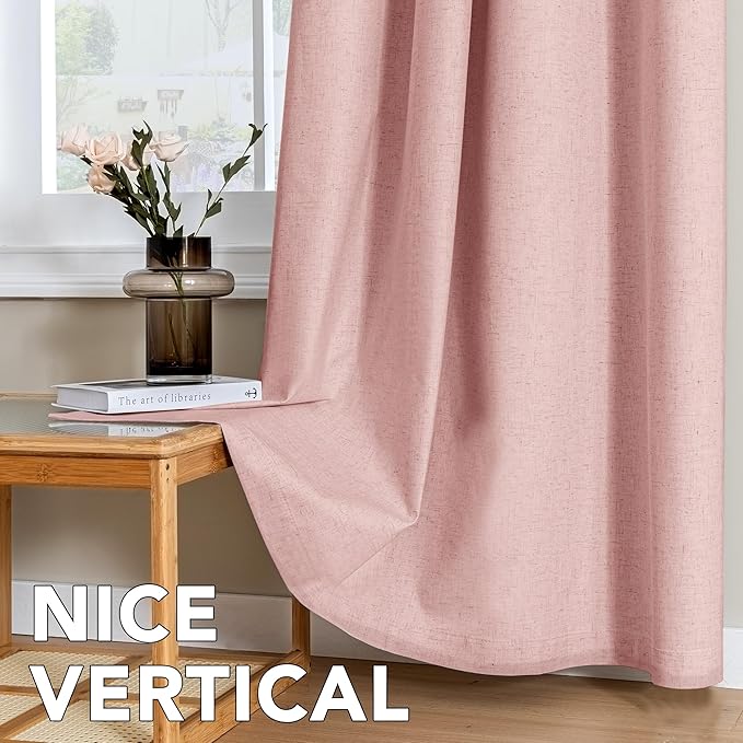 H.VERSAILTEX Linen Curtains 100% Blackout Curtains for Bedroom 102 inch Long Full Light Blocking Nature Linen Blended Window Curtains for Living Room Nickel Grommet (2 Panels, Heathered Baby Pink)