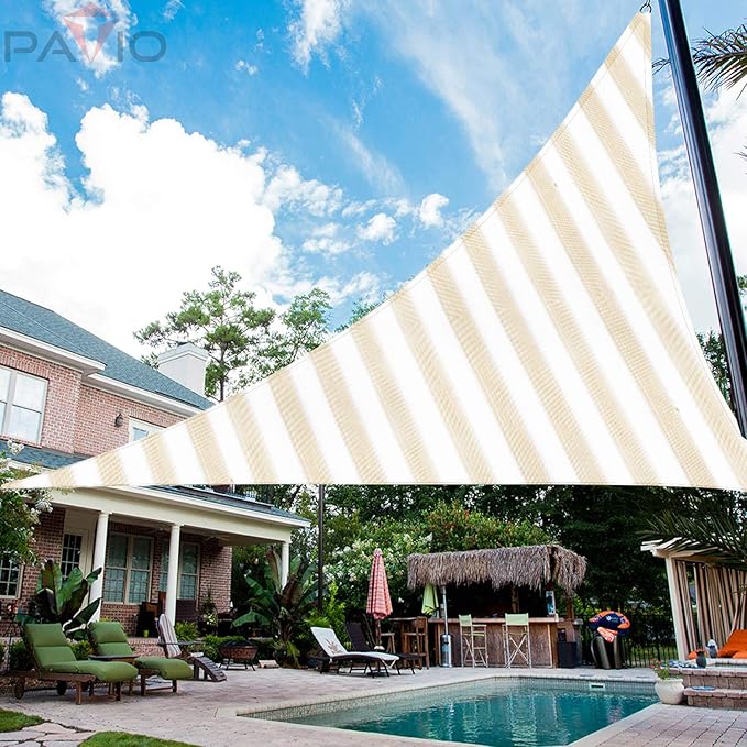 Patio Paradise 7' x 7' x 7' Sun Shade Sail Triangle Canopy Shade Cloth Fabric Sunlight Block Patio Pergola Cover HDPE Deck Awning for Outdoor Backyard Roof Shading, Beige White Strip