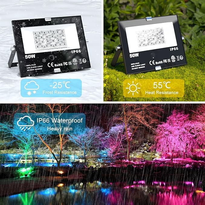 Flood Light 4 Pack, 50W RGB Color Changing Bluetooth Outdoor