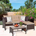 Conversation Set, 3 Piece Brown Rattan Patio Sofa with Coffee Table