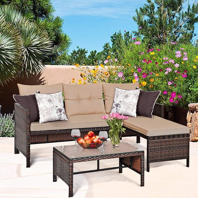 Conversation Set, 3 Piece Brown Rattan Patio Sofa with Coffee Table