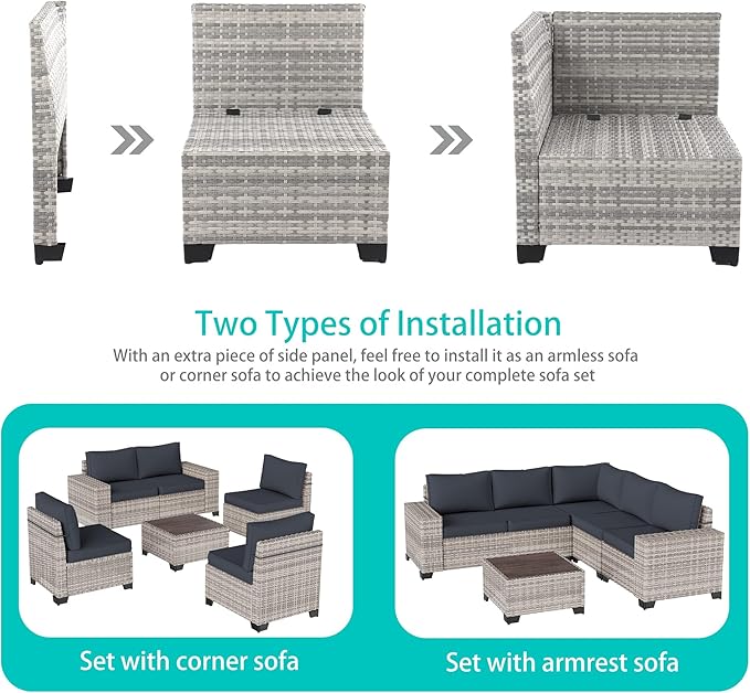 15-Piece Outdoor Patio Furniture Set with Rocking Swivel Chair Wicker Sectional Sofa Set, Patio Conversation Set with Thickened Cushions & Coffee Table for Garden, Backyard, Dark Grey