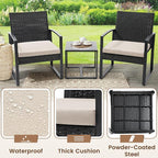 3 Piece Wicker Patio Bistro Set, Rattan Conversation Set with Coffee Table, for Balcony, Porch, Garden, Yard, Poolside, Black Frame with Beige Cushion