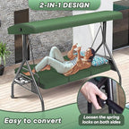 3 Seat Outdoor Porch Patio Swing with Stand 800lbs 2-in-1 Convertible Swing Bed with Adjustable Canopy & Removable Cushion for Yard Garden Deck (Green, Round Tube)