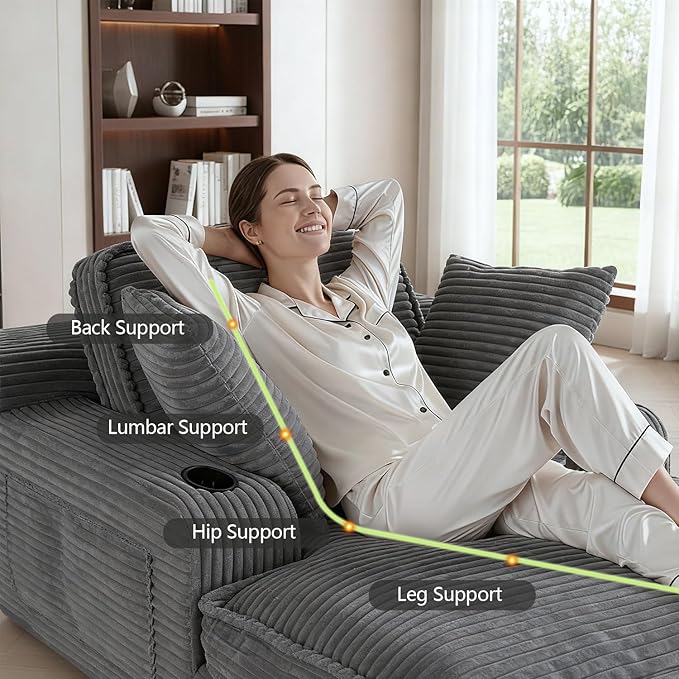 67" Oversized Chaise Lounge Chair Indoor, Soft Boneless Cloud Couch with 3 Pillows, 4 Side Pockets and 2 Cup Holders, Comfy Corduroy Sleeper Couch for Living Room Bedroom