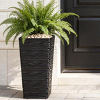 Worth Garden 2-Pack Black Tall Planter - Plastic Square Tapered Tree Plant Pots with Drainage Hole for Indoor Outdoor - 22" H Modern Wavy Finish Decorative Flower Pots for Front Porch Patio Deck