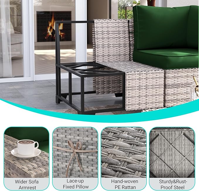 12-Piece Outdoor Patio Furniture Set Wicker Sectional Sofa Set, Patio Conversation Set with Thickened Cushions & Coffee Table for Garden, Backyard, Poolside, Green