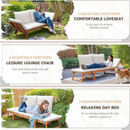 Devoko Outdoor Couch Acacia Wood Patio Couch with Adjustable Armrests, Outdoor Convertible Sofa with Removable Cushions & Pillows for Patio, Porch, Poolside(White)