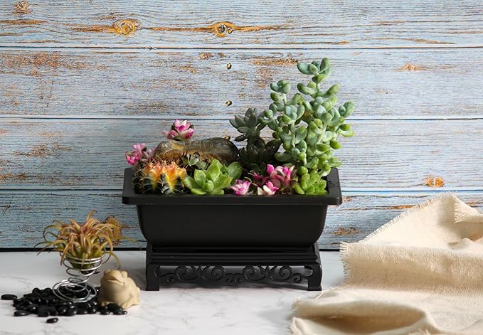 Bonsai Planter Rectangular Brown Plastic 7.5 Inch with Stand