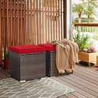 RELAX4LIFE Wicker Outdoor Storage Ottoman, 2-Piece Rattan Footstool w/Removable Cushion, Multipurpose Footrest Stool Side Table Additional Seating, Set of 2 Outdoor Ottomans for Patio Deck (Red)