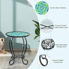 LIFFY Mosaic Outdoor Side Table, 14" Round Flower Patio Side Table, Mosaic Plant Stand, End Table W/Storage Shelf, Small Bistro Coffee Table for Garden Yard Porch Living Room