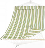 SUNCREAT Portable 2 Person Hammock with Hardwood Spreader Bar, Cotton Rope Outdoor Hammock with Polyester Pad, Green&Beige