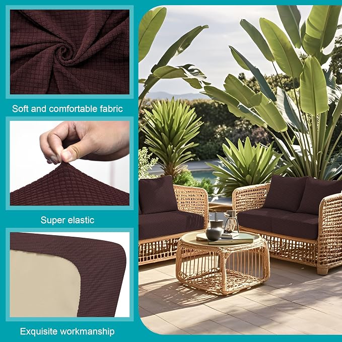 Cushion Covers 14 Pcs Stretch Jacquard Check Coffee for Patio Sofas