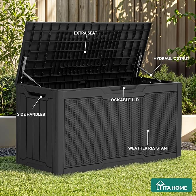 Black 80 Gallon Resin Deck Box with Rattan-Grain Finish