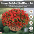 Artificial Hanging Flower for Outdoors, Fake Hanging Basket for Outside,1 Hanging Basket with 13 Pcs Faux Silk Flowers for Porch, Balcony and Patio Decor(Red)
