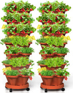 7 Tiered Strawberry Vertical Planter 2 Pack, Stackable Tower Garden Planter Herb Garden Planter with Movable Casters and Bottom Saucer Indoor and Outdoor - Terra Cotta