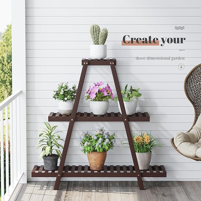 Plant Stand For Indoor Outdoor Tiered Plant Shelf 3 Tier 8 Potted Bamboo Flower Holder Ladder Rack For Multiple Triangle Table Plant Pot Stand (Brown)