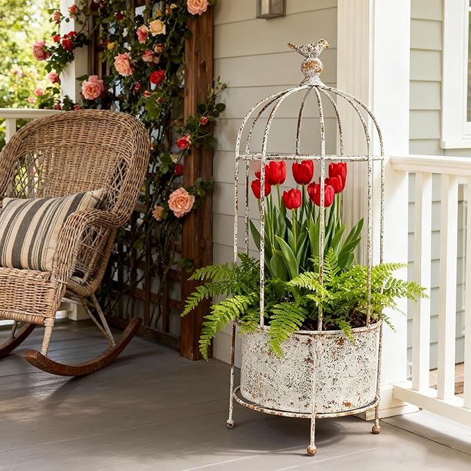 Planter: White Metal Birdcage Design, Rustic Style, 21.7 Inches Tall