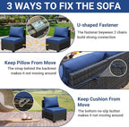 Jing's Villa 9-Piece Patio Furniture Set, All-Weather Outdoor Wicker Sectional Sofa with Cushions, Tempered Glass Table & Ottoman, Rattan Conversation Seating for Porch, Garden, Backyard,Navy