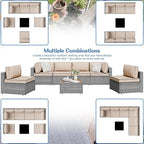 Shintenchi 7 Pieces Outdoor Patio Sectional Sofa Couch, Silver Gray PE Wicker Furniture Conversation Sets with Washable Cushions & Glass Coffee Table for Garden, Poolside, Backyard (Khaki)