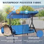 Grepatio Outdoor Porch Swing with Canopy and Stand, 3 Person Patio Swing for Adults, Convertible 2 in 1 Porch Bed Swing with Cup Holder, 3 Seat Swings with 2 Pillow Cushions for Garden, Yard (Blue)