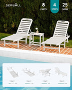 SERWALL Outdoor Chaise Lounge Set of 8, HDPE Pool Lounge Chairs with 5-Position Adjustable Backrest, Patio Loungers with Rolling Wheels & Cup Holder for Pool Sunbathing, White