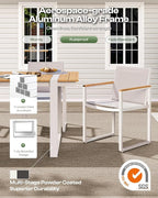 Outdoor Table and Chairs of 4, Patio Dining Sets, HDPS + Aluminum Outdoor Furniture Set with Umbrella Hole, Patio Dining Table Set (White-Teak)