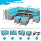 Tangkula 7 Pieces Patio Furniture Set, Outdoor Sectional Rattan Dining Sofa Set with Cushions, All Weather Wicker Conversation Couch Set with Dining Table & Ottomans for Yard Garden Poolside