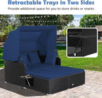 Tangkula Patio Rattan Daybed with Retractable Canopy, Outdoor Wicker Sunbed Lounger with 2 Foldable Side Tables, Thick Seat & Back Cushions, Outside Double Daybed for Garden, Backyard, Porch, Navy