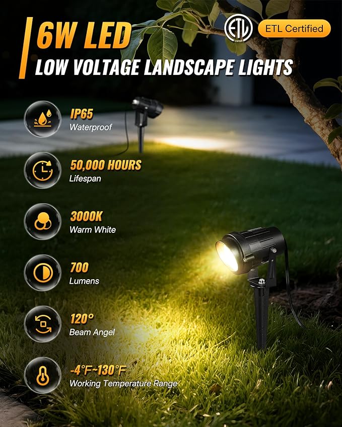 6W 700LM Low Voltage Landscape Lighting, 12V AC/DC 3000K Warm White LED Low Voltage Landscape Lights, IP65 Waterproof Outdoor Spotlights with Connectors for Garden Tree Yard 12Pack W01SLP1206