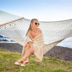 SUNCREAT Hammocks Traditional Rope Double Hammock with Hardwood Spreader Bar and Carrying Bag, 450 lbs Capacity, Natural