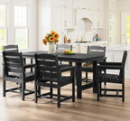 SERWALL 7-Piece Patio Dining Table Sets, Outdoor HDPE Dining Furniture Set with Umbrella Hole Cut-Out Table and 6 Chairs, Black