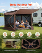 VEVOR Pop up Gazebo Screen Tent, 12 x 12 ft Large 6-Sided Camping Canopy Tent with Removable Top & Carry Bag, Quick-Set & Bite-Proof, Screen House Sun Shelter for 8-10 Persons Backyard Patio, Brown