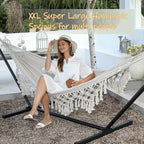 ZEAN Handwoven Hammock with Tassels by Thick Cotton Rope XL Two Person Hammock for Outside Patio Backyard Garden Beach 550LB Capacity