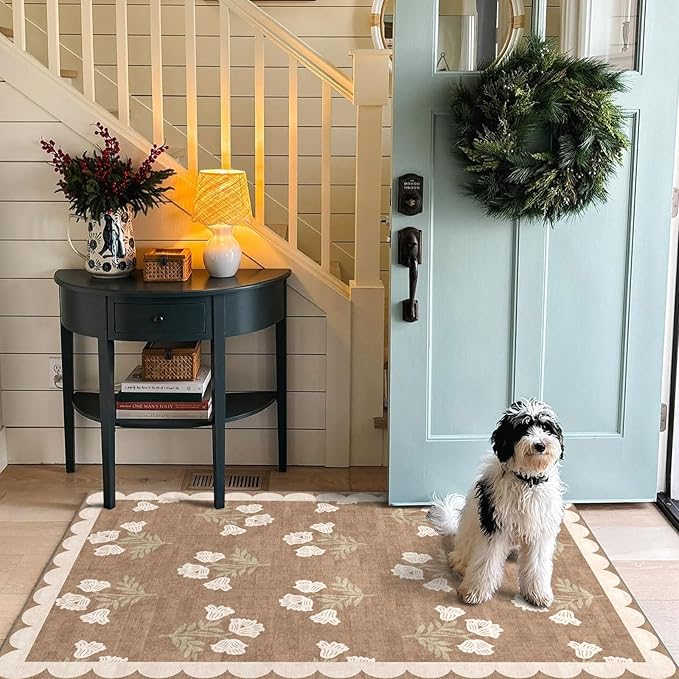 Outdoor Rug, 3x5 Tan Floral Entry Mat, Machine Washable