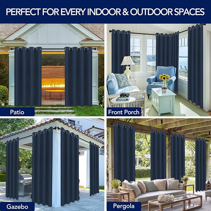 PureFit Outdoor Curtains for Patio Waterproof Weatherproof, UV Resistant Outside Curtains for Gazebo, Front Porch, Pergola, Sun Blocking Privacy Curtain, 52W x 120L inch, 1 Panel, Navy Blue