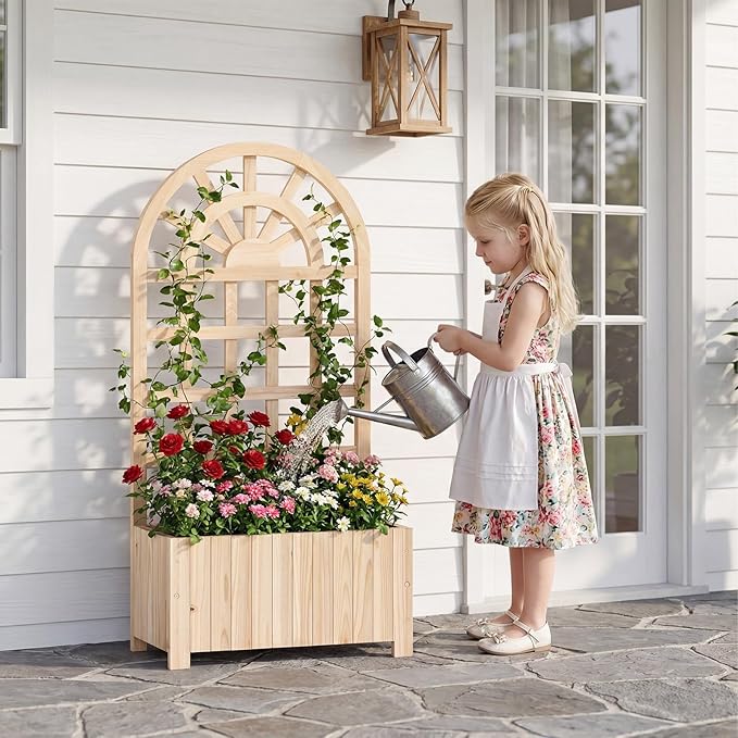 Giantex Wooden Raised Garden Bed with Arched Trellis Set 2, 48” Fir Wood Outdoor Elevated Planter Box Privacy Screen w/Drainage Hole, Vertical Garden Bed for Climbing Plants, Patio Balcony Backyard