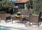 Greesum Patio Furniture 4 Pieces Conversation Sets Outdoor Wicker Rattan Chairs Garden Backyard Balcony Porch Poolside loveseat with Soft Cushion and Glass Table, Brown and Gray