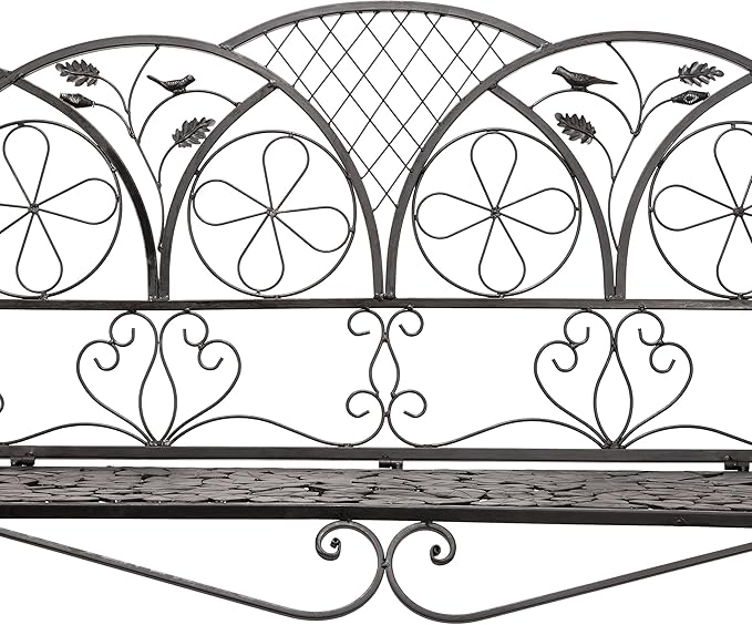 Alpine Corporation 45" Long Outdoor Metal Classic Bench with Stylish Patterns, Garden Furnitures - Brown