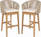 Christopher Knight Home Zax Set of 2 Patio Barstool, Acacia Wood & Rope Outdoor Counter Stool with Backrest/Footrest, Barstool Chairs with Cushion Seating for Backyard Balcony Garden, Beige + Teak
